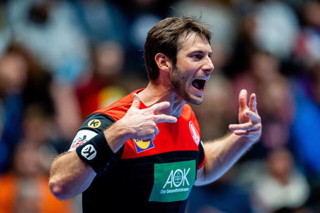 200111 Uwe Gensheimer of Germany celebrates during the EHF European Handball Championship match between Spain and Germany on January 11, 2020 in Trondheim Photo Vegard Wivestad Grott BILDBYRAN code VG 170462 bbeng handball handball handball handball em 2020 european mens handball championship 2020 em 2020 handballs 2020 ehf euro 2020 spain spain germany germany deutschland rejoice,  Copyright: VEGARDxWIVESTADxGRoTT BB200111VG067