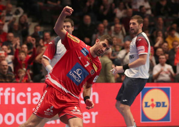 HANDBALL - EHF EURO 2020, AUT vs UKR VIENNA,AUSTRIA,12.JAN.20 - HANDBALL - EHF European Men s Handball Championship 2020, group stage, Austria vs Ukraine. Image shows the rejoicing of Janko Bozovic (AUT). GEPAxpictures xChristianxOrt