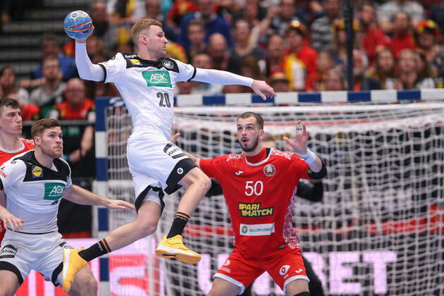 Men s EHF Euro 2020 - Belarus v Germany 16.01.2020., Wiener Stadthalle, Vienna, Ausrtia - Men s EHF Euro 2020, Main Round, group 1, 1st round, Belarus - Germany. Philipp Weber, Artsem Karalek. LukaxStanzl PIXSELL