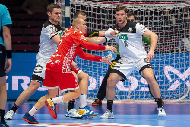 Handball, Mens European Championship 2020, Main Round, Group 1, Belarus Germany by David Schmidt Germany TVB Stuttgart , Ivan Brouka Belarus , Johannes Golla Germany SG Flensburg Vienna Stadthalle Vienna Austria
