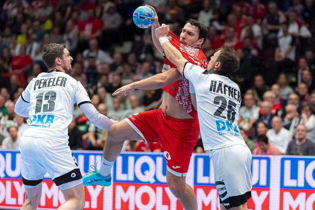 Handball, Men EM 2020, Main Round, Group 1, Belarus Germany by Hendrik Pekeler Germany THW Kiel Kai Häfner Haefner Germany MT Melsungen Vienna Stadthalle Vienna Austria
