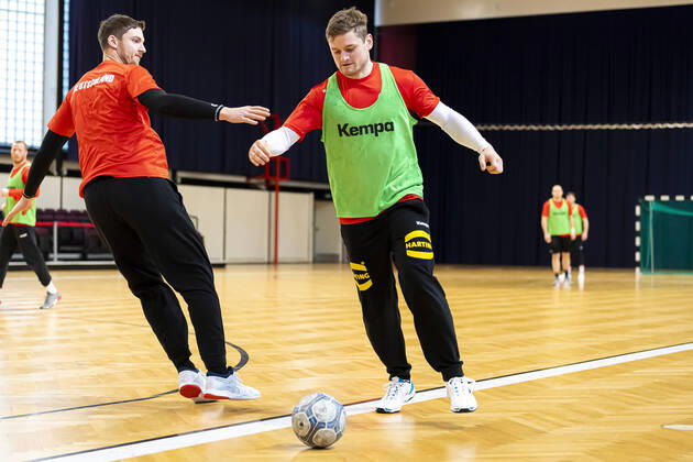 Handball, Men EM 2020, Main Round, Group 1, Media Day Training Germany by Hendrik Pekeler Germany THW Kiel , David Schmidt Germany TVB Stuttgart with Football Vienna Stadthalle Vienna Austria