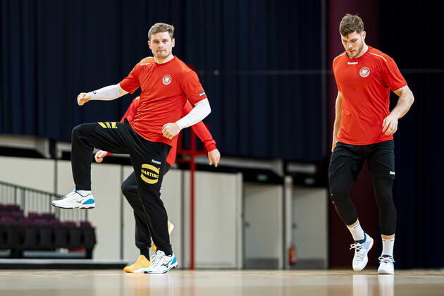 Handball, Men EM 2020, Main Round, Group 1, Media Day Training Germany by David Schmidt Germany TVB Stuttgart , Johannes Golla Germany SG Flensburg Vienna Stadthalle Vienna Austria