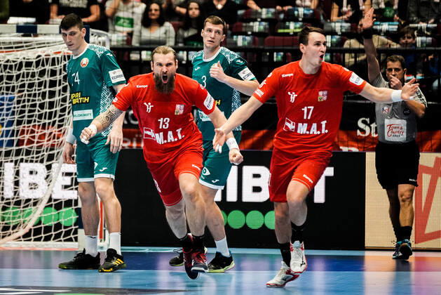 18 01 2020, Wiener Stadthalle, Vienna, AUT, EHF Euro 2020, Belarus vs Czech Republic, main round, group I, in the picture Pavel Horak CZE celebrates his goal Pavel Horak CZE celebrates his goal during the EHF 2020 European Handball Championship, main round group I match between Belarus and Czech Republic at the Wiener Stadthalle in Vienna, Austria on 2020 01 18 Vienna EP_sro