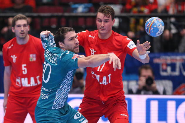 PXL_EURO 2020_Belarus vs Czech Republic 18.01.2020., Wiener Stadthalle, Vienna, Austria - Men s EHF EURO 2020, main round, group I ,match between Belarus and Czech Republic at Wiener Stadthalle.. Barys Pukhouski, Stanislav Kasparek. LukaxStanzl PIXSELL
