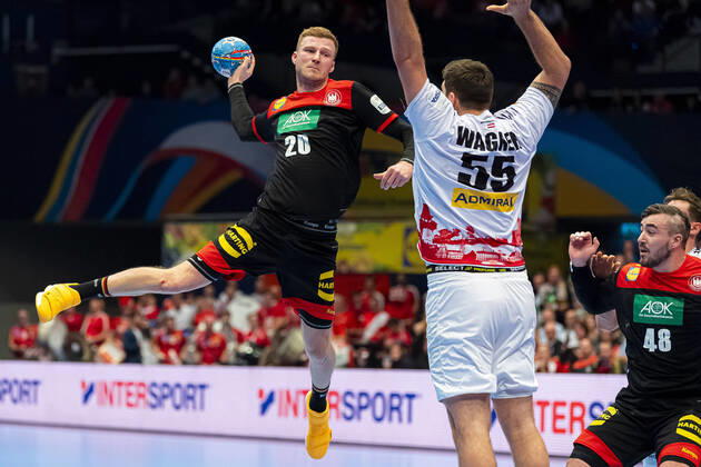 Handball, Men EM 2020, Main Round, Group 1, Austria Germany Philipp Weber Germany SC DHfK Leipzig , Tobias Wagner Austria , Jannik Kohlbacher Germany Rhein Neckar Loewen Vienna Stadthalle Vienna Austria