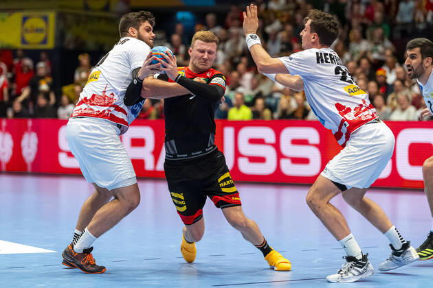 Handball, Men EM 2020, Main Round, Group 1, Austria Germany from left to right Tobias Wagner Austria and Philipp Weber Germany SC DHfK Leipzig , Lukas Herburger Austria Vienna Stadthalle Vienna Austria