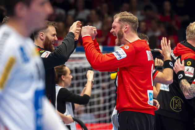 Handball, Men EM 2020, Main Round, Group 1, Austria Germany Goalkeeper Andreas Wolff Germany Kielce , Johannes Bitter Germany TVB Stuttgart Final Cheers Final Cheers Emotion Joy Vienna Stadthalle Vienna Austria