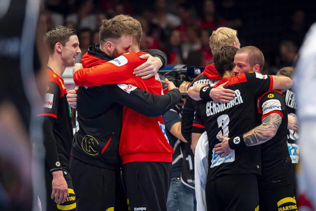 Handball, Men EM 2020, Main Round, Group 1, Austria Germany Goalkeeper Andreas Wolff Germany Kielce , Johannes Bitter Germany TVB Stuttgart , Uwe Gensheimer Germany Rhein Neckar Loewen , Patrick Zieker Germany TVB Stuttgart Wien Stadthalle Wien Austria