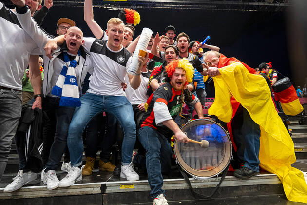 Handball, Men EM 2020, Main Round, Group 1, Austria Germany the fans of Germany celebrate the victory Vienna Stadthalle Vienna Austria