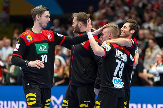 Handball, Men EM 2020, Main Round, Group 1, Austria Germany Hendrik Pekeler Germany THW Kiel , Timo Kastening Germany TSV Hannover , Uwe Gensheimer Germany Rhein Neckar Loewen Vienna Stadthalle Vienna Austria
