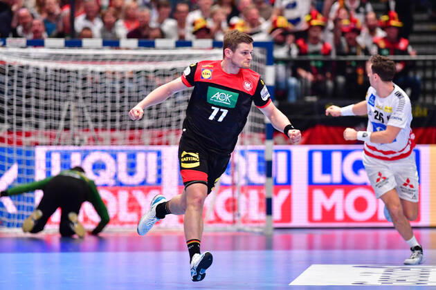 European Handball Championship Main Round, 20 01 2020, Austria Germany, Stadthalle, Vienna David Schmidt Germany, 77 cheers Goal scoring Goal Action, 20 01 2020, Vienna Austria, Handball, Tournament, European Championship 2020 xshx