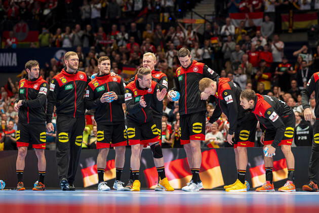 Handball, Men EM 2020, Main Round, Group 1, Austria Germany by Uwe Gensheimer Germany Rhein Neckar Loewen , Johannes Bitter Germany TVB Stuttgart , Johannes Golla Germany SG Flensburg , Patrick Wiencek Germany THW Kiel , Tobias Reichmann Germany MT Melsungen , Hendrik Pekeler Germany THW Kiel , Philipp Weber Germany SC DHfK Leipzig , Kai Häfner Haefner Germany MT Melsungen Vienna Stadthalle Vienna Austria