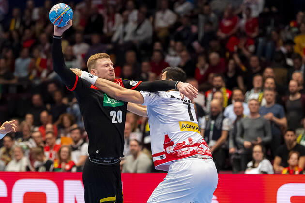Handball, Men EM 2020, Main Round, Group 1, Austria Germany Philipp Weber Germany SC DHfK Leipzig , Janko Bozovic Austria VfL Gummersbach Vienna Stadthalle Vienna Austria
