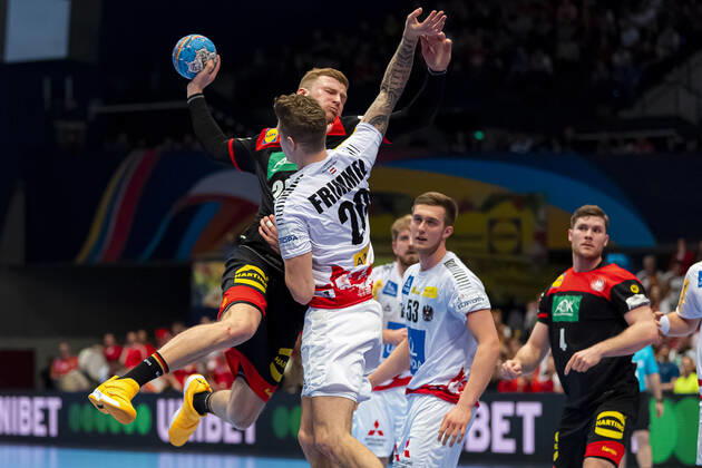 Handball, Men EM 2020, Main Round, Group 1, Austria Germany Philipp Weber Germany SC DHfK Leipzig , Sebastian Frimmel Austria Vienna Stadthalle Vienna Austria