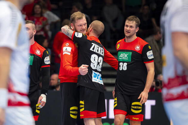 Handball, Men EM 2020, Main Round, Group 1, Austria Germany Johannes Bitter Germany TVB Stuttgart , Patrick Zieker Germany TVB Stuttgart , Fabian Böhm Boehm Germany TSV Hannover Vienna Stadthalle Vienna Austria