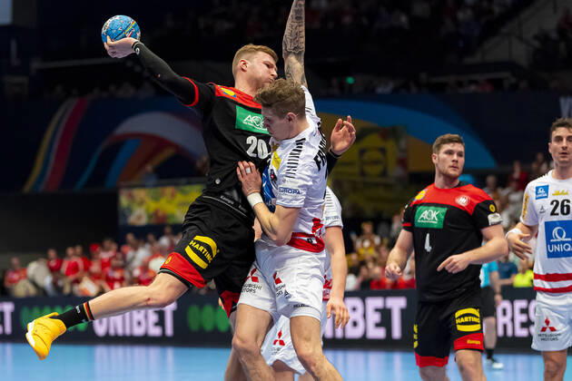 Handball, Men EM 2020, Main Round, Group 1, Austria Germany Philipp Weber Germany SC DHfK Leipzig , Sebastian Frimmel Austria Vienna Stadthalle Vienna Austria