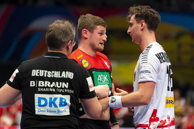 Handball, Men EM 2020, Main Round, Group 1, Austria Germany David Schmidt Germany TVB Stuttgart , Lukas Herburger Austria Vienna Stadthalle Vienna Austria