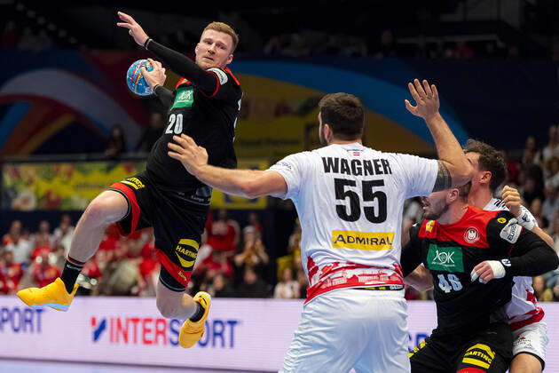Handball, Men EM 2020, Main Round, Group 1, Austria Germany from Philipp Weber Germany SC DHfK Leipzig , Tobias Wagner Austria , Jannik Kohlbacher Germany Rhein Neckar Loewen Vienna Stadthalle Vienna Austria