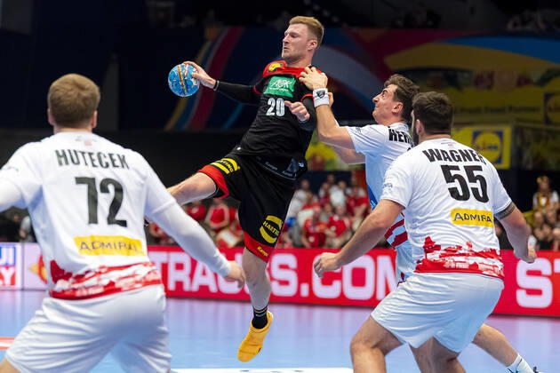 Handball, Men EM 2020, Main Round, Group 1, Austria Germany Lukas Hutecek Austria , Philipp Weber Germany SC DHfK Leipzig , Lukas Herburger Austria , Tobias Wagner Austria Vienna Stadthalle Vienna Austria