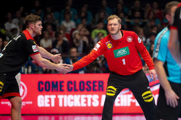 Handball, Men EM 2020, Main Round, Group 1, Austria Germany from left Johannes Golla Germany SG Flensburg , Johannes Bitter Germany TVB Stuttgart Vienna Stadthalle Vienna Austria