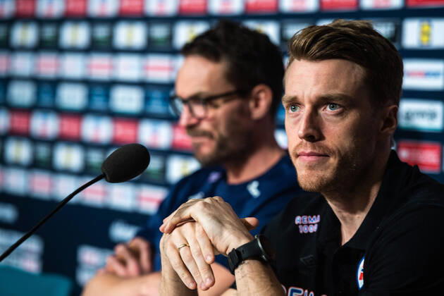 200123 Head coach Christian Berge and Kristian Bjornsen of Norway during a press conference ahead of the EHF European Handball Championship Semi finals on January 23, 2020 in Stockholm Photo Johanna Lundberg BILDBYRAN kod JL 136104 bbeng ehf euro 2020 em 2020 european mens handball championship 2020 handball handball handballs em 2020 handball handball em 2020 norway norway press meeting press meeting press conference semifinal semi final,  Copyright: JOHANNAxLUNDBERG BB200123JL004