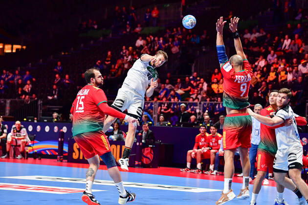 Handball European Championship Match for Rank 5, 25 01 2020, Germany Portugal, Tele2 Arena, Stockholm Fabian Böhm Germany, 38 Jump Throw Action Throw Goal, 25 01 2020, Stockholm Sweden , Handball, EM 2020, Match for Rank 5, Germany Portugal xshx