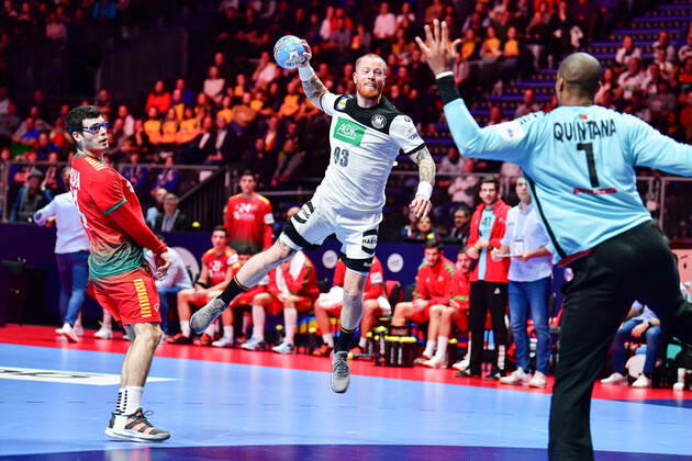 Handball European Championship Match for Rank 5, 25 01 2020, Germany Portugal, Tele2 Arena, Stockholm Rui Silva Portugal, 14 Patrick Zieker Germany, 93 Alfredo Quintana Goalkeeper, Portugal, 1 Goal Throw Action Emotional, 25 01 2020, Stockholm Sweden , Handball, EM 2020, Match for Rank 5, Germany Portugal xshx