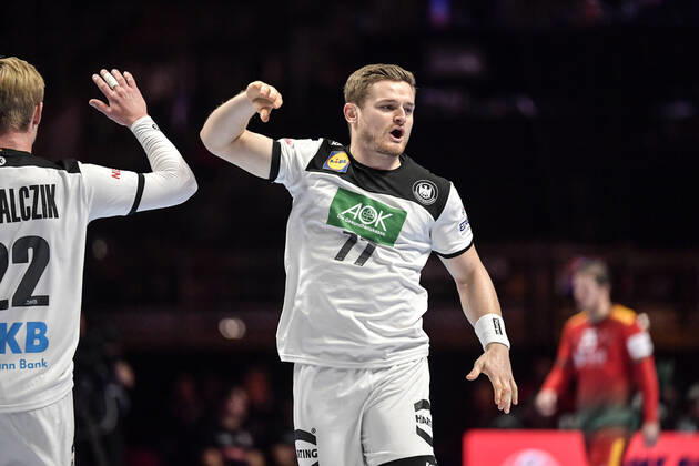 Germany s David Schmidt celebrates after scoring during the match for fifth sixth place between Germany and Portugal during the Men s European Handball Championship in Stockholm, Sweden, on Jan 25, 2020 Stockholm Sverige x10040x,  Copyright: xAndersxWiklund TTx EHF HANDBALL GERMANY-PORTUGAL