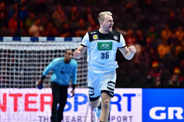 Handball European Championship Match for Rank 5, 25 01 2020, Germany Portugal, Tele2 Arena, Stockholm Julius Kühn Germany, 35 Jubel Tort Goal success emotions, 25 01 2020, Stockholm Sweden, Handball, EM 2020, Match for Rank 5, Germany Portugal xshx