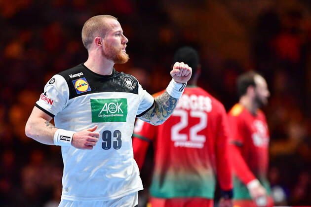 Handball European Championship Match for Rank 5, 25 01 2020, Germany Portugal, Tele2 Arena, Stockholm Patrick Zieker Germany, 93 cheering emotions Goal Score, 25 01 2020, Stockholm Sweden , Handball, EM 2020, Match for Rank 5, Germany Portugal xshx