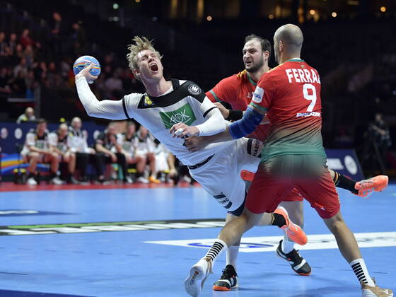 Germany s Marian Michalczik L scores during the last few minutes of the match for fifth sixth place between Germany and Portugal during the Men s European Handball Championship in Stockholm, Sweden, on Jan 25, 2020 Stockholm Sverige x10040x,  Copyright: xAndersxWiklund TTx EHF HANDBALL GERMANY-PORTUGAL