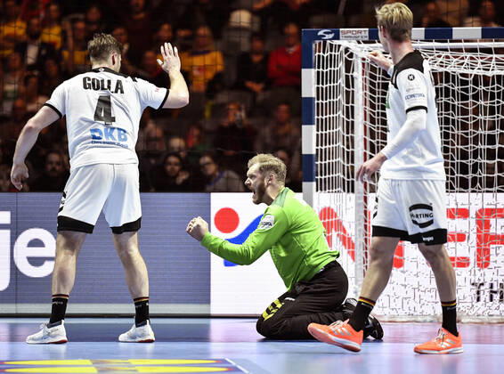 Germany s goalkeeper Johannes Bitter C celebrates after making a save during the match for fifth sixth place between Germany and Portugal during the Men s European Handball Championship in Stockholm, Sweden, on Jan 25, 2020 Stockholm Sverige x10040x,  Copyright: xAndersxWiklund TTx EHF HANDBALL GERMANY-PORTUGAL