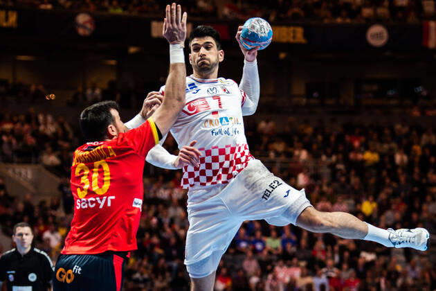 200126 Luka Stepanic of Croatia and Gedeon Guardiola Villaplana of Spain during the EHF European Handball Championship final between Spain and Croatia on January 26, 2020 in Stockholm,  Copyright: JESPERxZERMAN BB200126JZ038