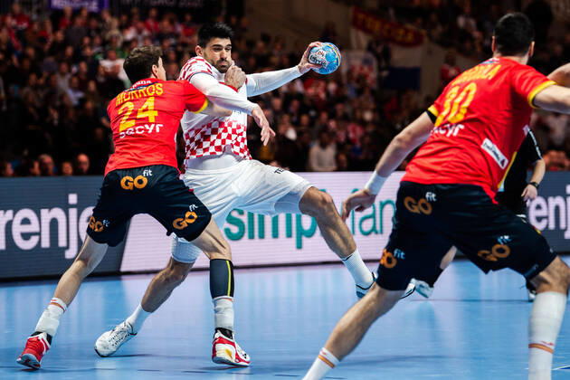 200126 Viran Morros de Argila of Spain and Luka Stepanic of Croatia during the EHF European Handball Championship final between Spain and Croatia on January 26, 2020 in Stockholm,  Copyright: JESPERxZERMAN BB200126JZ039