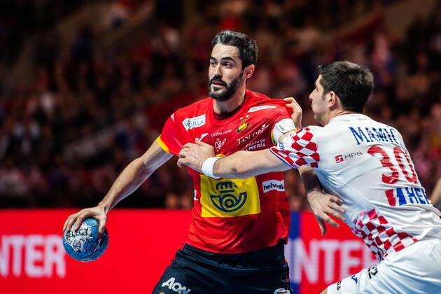 200126 Raul Entrerrios Rodriguez of Sweden and Marko Mamic of Croatia during the EHF European Handball Championship final between Spain and Croatia on January 26, 2020 in Stockholm,  Copyright: JOHANNAxLUNDBERG BB200126JL035