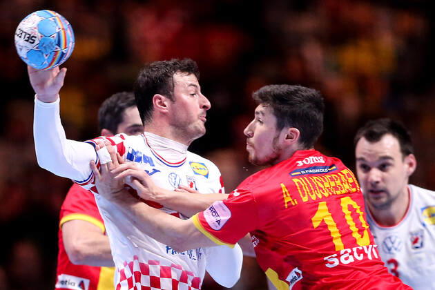Spain v Croatia - Final - Men s EHF EURO 2020 Domagoj Duvnjak of Croatia challenges Alex Dujshebaev Dobichebaeva of Spain during the Men s EHF EURO 2020 final match between Spain and Croatia at Tele2 Arena in Stockholm, Sweden on January 26, 2020. Photo by Luka Stanzl PIXSELL LukaxStanzl PIXSELL
