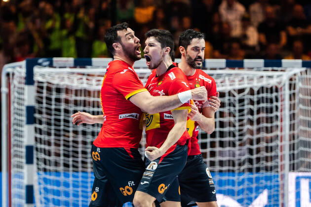 200126 Gedeon Guardiola Villaplana and Raul Entrerrios Rodriguez of Spain celebrate during the EHF European Handball Championship final between Spain and Croatia on January 26, 2020 in Stockholm,  Copyright: JOHANNAxLUNDBERG BB200126JL039