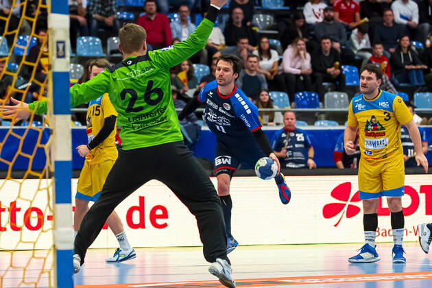 Bietigheim, Germany 01 February 2020 2 BL 19 20 SG BBM Bietigheim vs. HSG Konstanz v left Goalkeeper Michael Hassferter Konstanz , Christian Schäfer Schaefer SG BBM Bietigheim Bietigheim Bissingen Egetrans Arena Baden Württemberg Germany