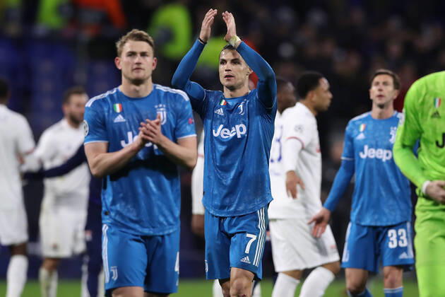 Juventus s Portuguese striker Cristiano Ronaldo and Dutch defender Matthijs De Ligt applaud the fans after the final whistle of the UEFA Champions League match at the Groupama Stadium, Lyon. Picture date: 26th February 2020. Picture credit should read: Jonathan Moscrop Sportimage EDITORIAL USE ONLY. No use with unauthorised audio, video, data, fixture lists, club league logos or live services. Online in-match use limited to 120 images, no video emulation. No use in betting, games or single club league player publications. SPI-0491-0015