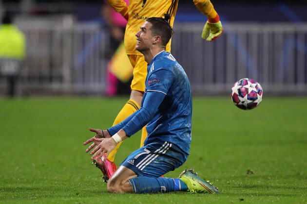 Juventus s Portuguese striker Cristiano Ronaldo reacts during the UEFA Champions League match at the Groupama Stadium, Lyon. Picture date: 26th February 2020. Picture credit should read: Jonathan Moscrop Sportimage EDITORIAL USE ONLY. No use with unauthorised audio, video, data, fixture lists, club league logos or live services. Online in-match use limited to 120 images, no video emulation. No use in betting, games or single club league player publications. SPI-0491-0017
