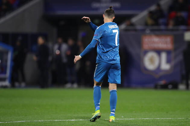 Juventus s Portuguese striker Cristiano Ronaldo reaches after shooting wide of the target during the UEFA Champions League match at the Groupama Stadium, Lyon. Picture date: 26th February 2020. Picture credit should read: Jonathan Moscrop Sportimage EDITORIAL USE ONLY. No use with unauthorised audio, video, data, fixture lists, club league logos or live services. Online in-match use limited to 120 images, no video emulation. No use in betting, games or single club league player publications. SPI-0491-0018