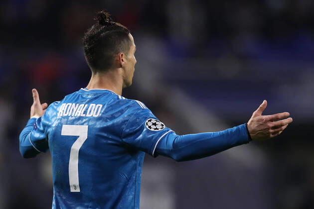 Juventus s Portuguese striker Cristiano Ronaldo reacts during the UEFA Champions League match at the Groupama Stadium, Lyon. Picture date: 26th February 2020. Picture credit should read: Jonathan Moscrop Sportimage EDITORIAL USE ONLY. No use with unauthorised audio, video, data, fixture lists, club league logos or live services. Online in-match use limited to 120 images, no video emulation. No use in betting, games or single club league player publications. SPI-0491-0046