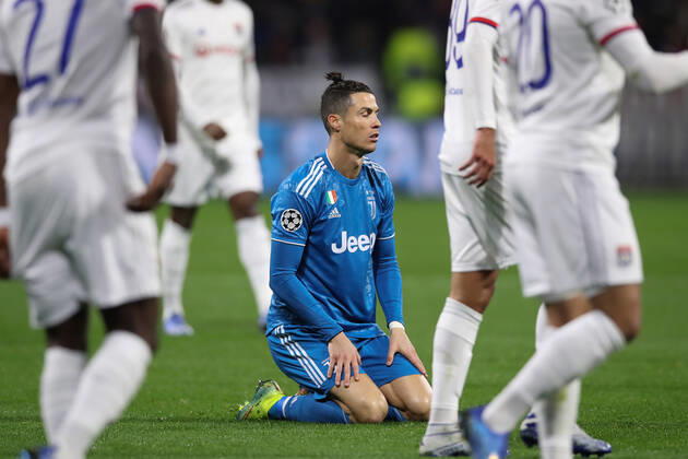 Juventus s Portuguese striker Cristiano Ronaldo reacts during the UEFA Champions League match at the Groupama Stadium, Lyon. Picture date: 26th February 2020. Picture credit should read: Jonathan Moscrop Sportimage EDITORIAL USE ONLY. No use with unauthorised audio, video, data, fixture lists, club league logos or live services. Online in-match use limited to 120 images, no video emulation. No use in betting, games or single club league player publications. SPI-0491-0102