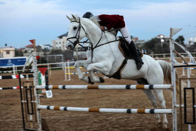 February 27, 2020, Gaza City, Gaza Strip, Palestinian Territory: A Palestinian horse rider on his horse jumps over a barrier during the first championship in jump barriers for the year 2020, on February 27, 2020 Middle East News - February 27, 2020 - ZUMAap3_ 97337260st Copyright: xMahmoudxAjjourx