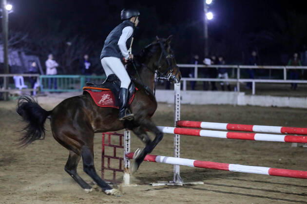 February 27, 2020, Gaza City, Gaza Strip, Palestinian Territory: A Palestinian horse rider on his horse jumps over a barrier during the first championship in jump barriers for the year 2020, on February 27, 2020 Middle East News - February 27, 2020 - ZUMAap3_ 97337384st Copyright: xMahmoudxAjjourx