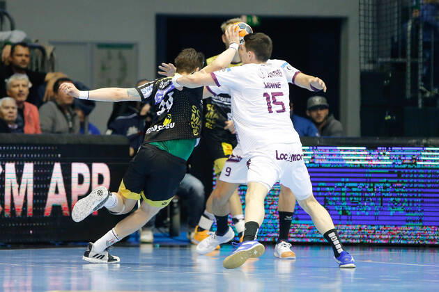 01 03 2020, xgox, Handball EHF Cup, SC Magdeburg HBC Nantes emspor, f l Michael Damgaard Magdeburg, 34 , Aymeric Minne Nantes duel, fight, tackle GETEC Arena