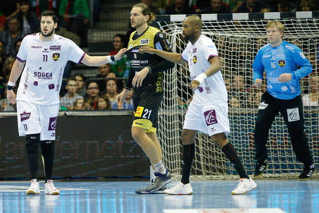01 03 2020, xgox, Handball EHF Cup, SC Magdeburg HBC Nantes emspor, f l Nicolas Tournat Nantes , Erik Schmidt Magdeburg, 21 , Rock Feliho Nantes GETEC Arena