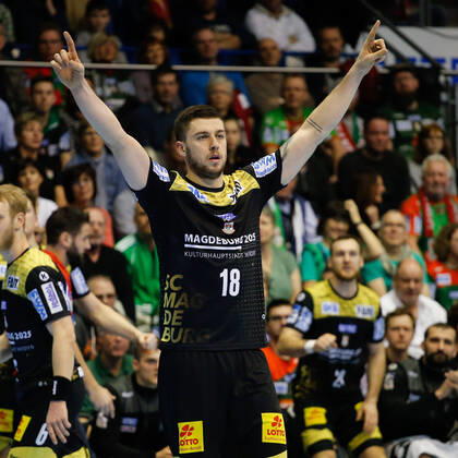 01 03 2020, xgox, Handball EHF Cup, SC Magdeburg HBC Nantes emspor, from l Filip Kuzmanovski Magdeburg, 18 cheers, cheers for the goal, celebrate the goal, celebration GETEC Arena