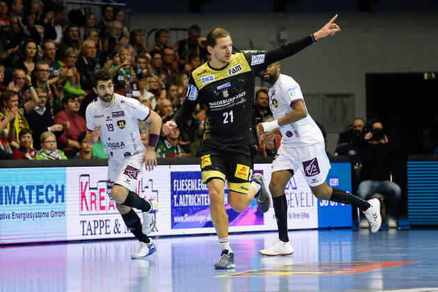 01 03 2020, xgox, Handball EHF Cup, SC Magdeburg HBC Nantes emspor, from l Erik Schmidt Magdeburg, 21 cheering, cheering for the goal, celebrate the goal, celebration GETEC Arena